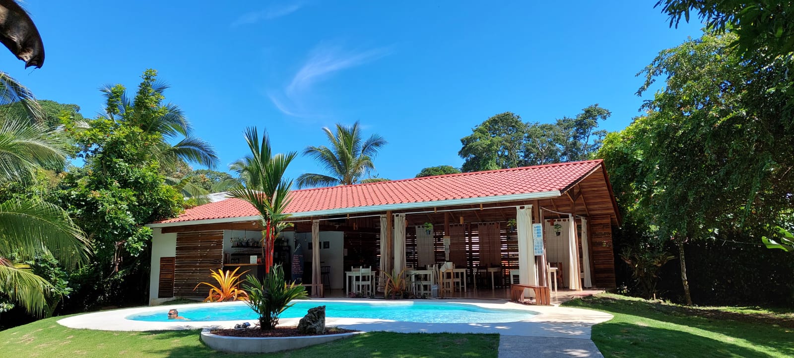Outdoor pool surrounded by palm trees with the open-air restaurant building and red tile roof behind it